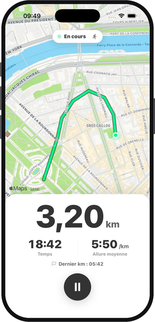 Ta sortie en direct : distance, temps, allure.