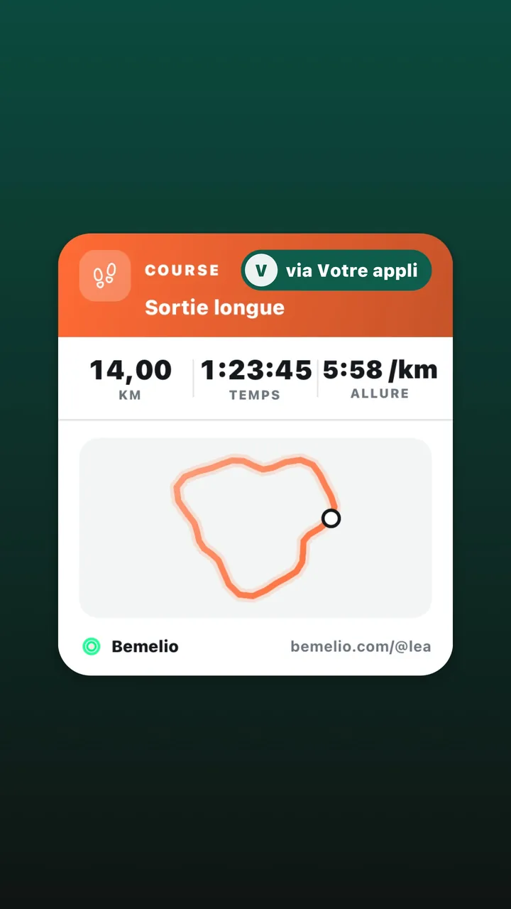 Story Bemelio d'une sortie de course, signée via votre appli