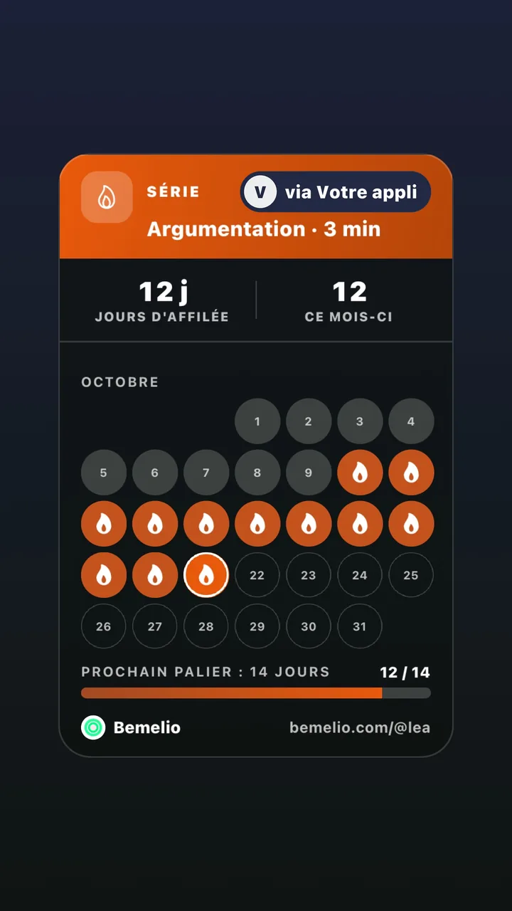 Story Bemelio d'une série de jours, signée via votre appli