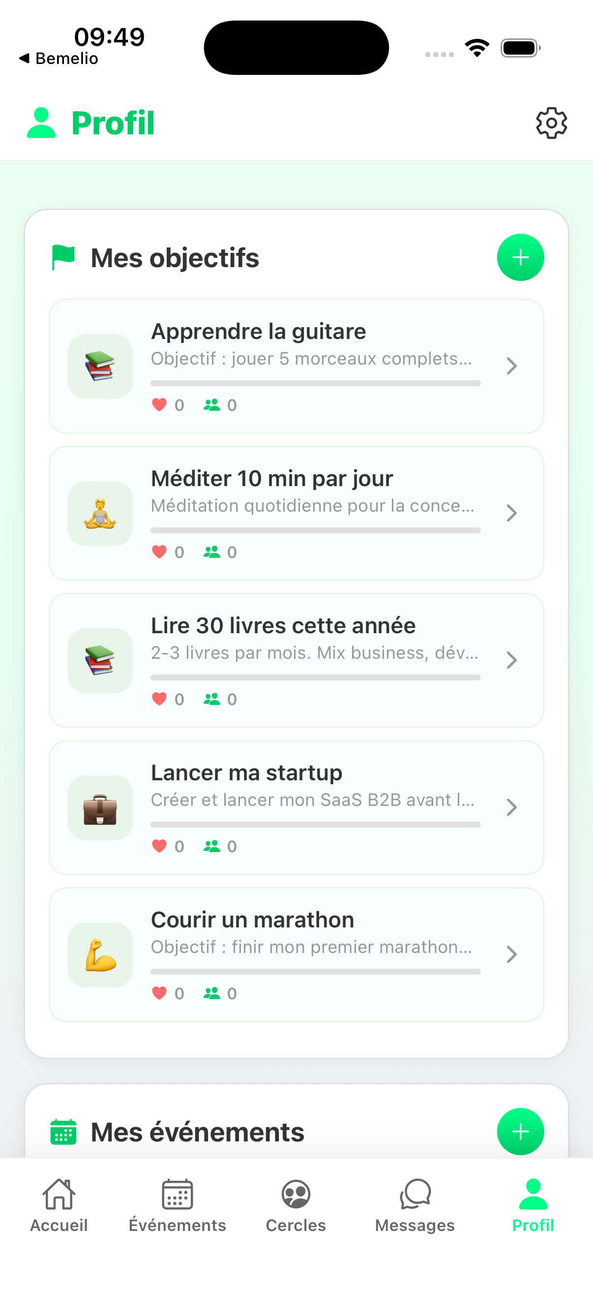 Profil et objectifs dans l'app Bemelio